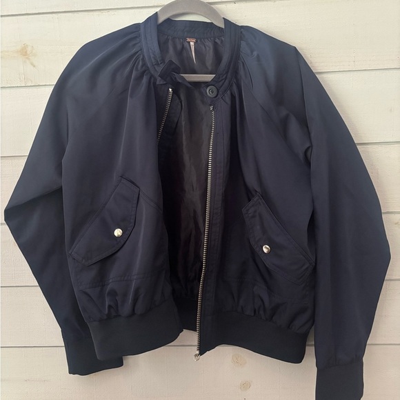 Free People Navy Bomber Jacket with Ribbed Collar and Relaxed Fit - Picture 7 of 12